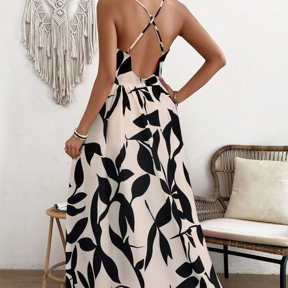 Multicolor Sexy Women's Spaghetti Strap Backless Allover Printed Beach Dress - Picture 2 of 5